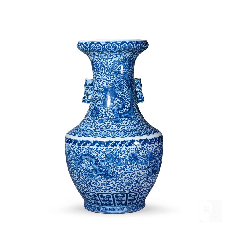 清中期 青花龙穿花纹双耳盘口大瓶